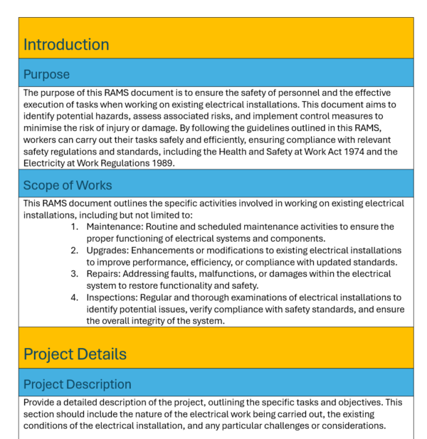 Electrical works method statement RAMS