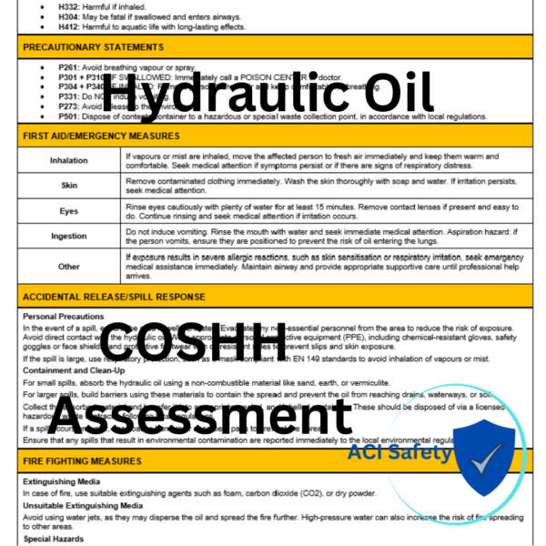 Hydraulic Oil COSHH Assessment Template - MS Word