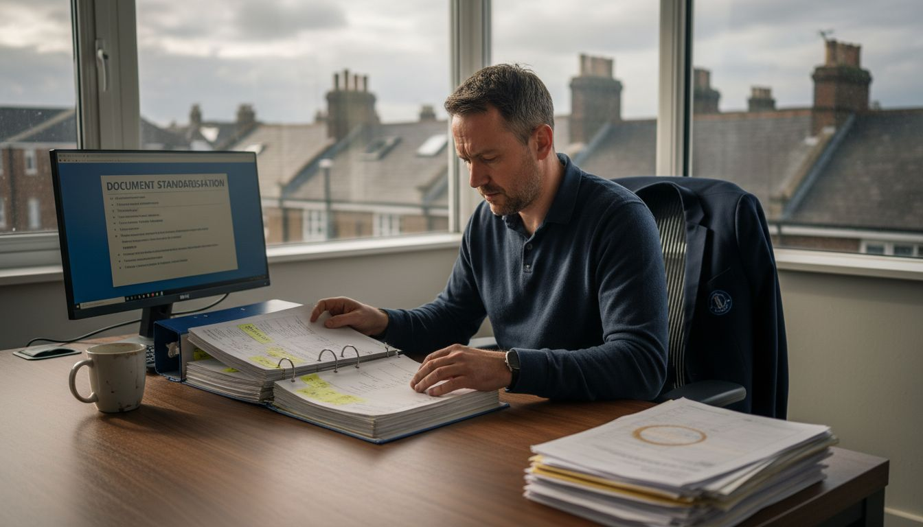 Why Standardize Health & Safety Docs? Save 40% Time Manager reviews health safety documents in corner office