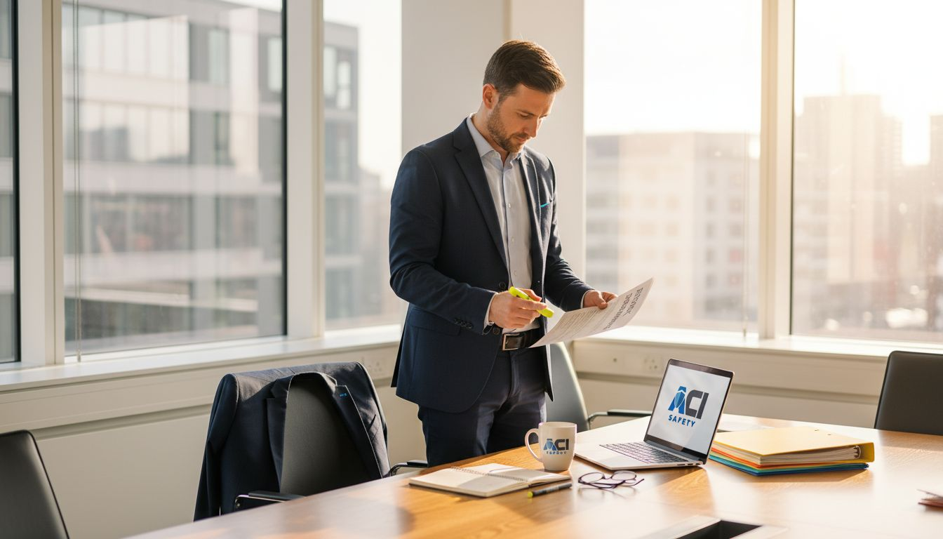 Manager reviewing risk assessment documents in office