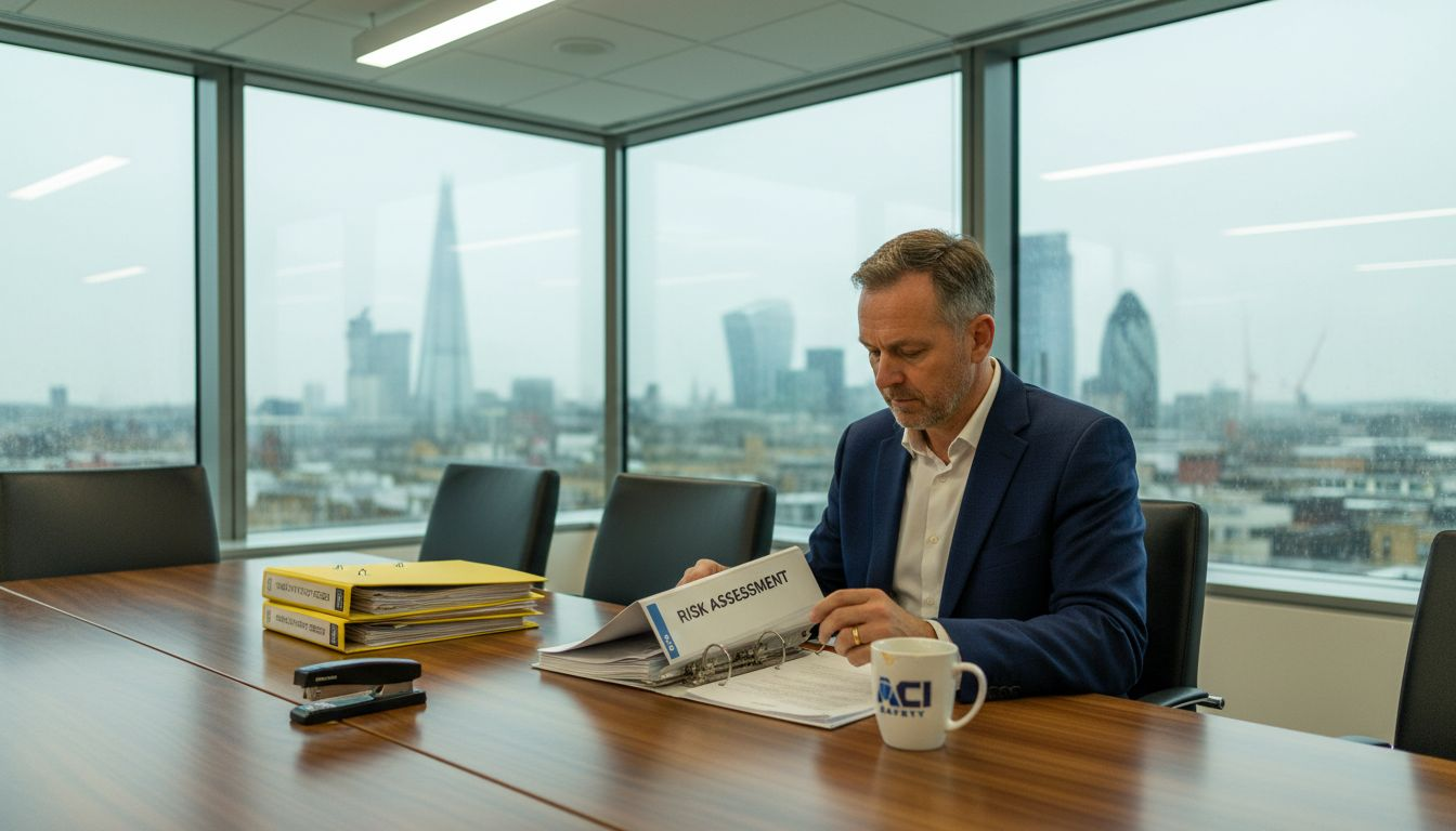 Business owner reviews risk binder in corner office