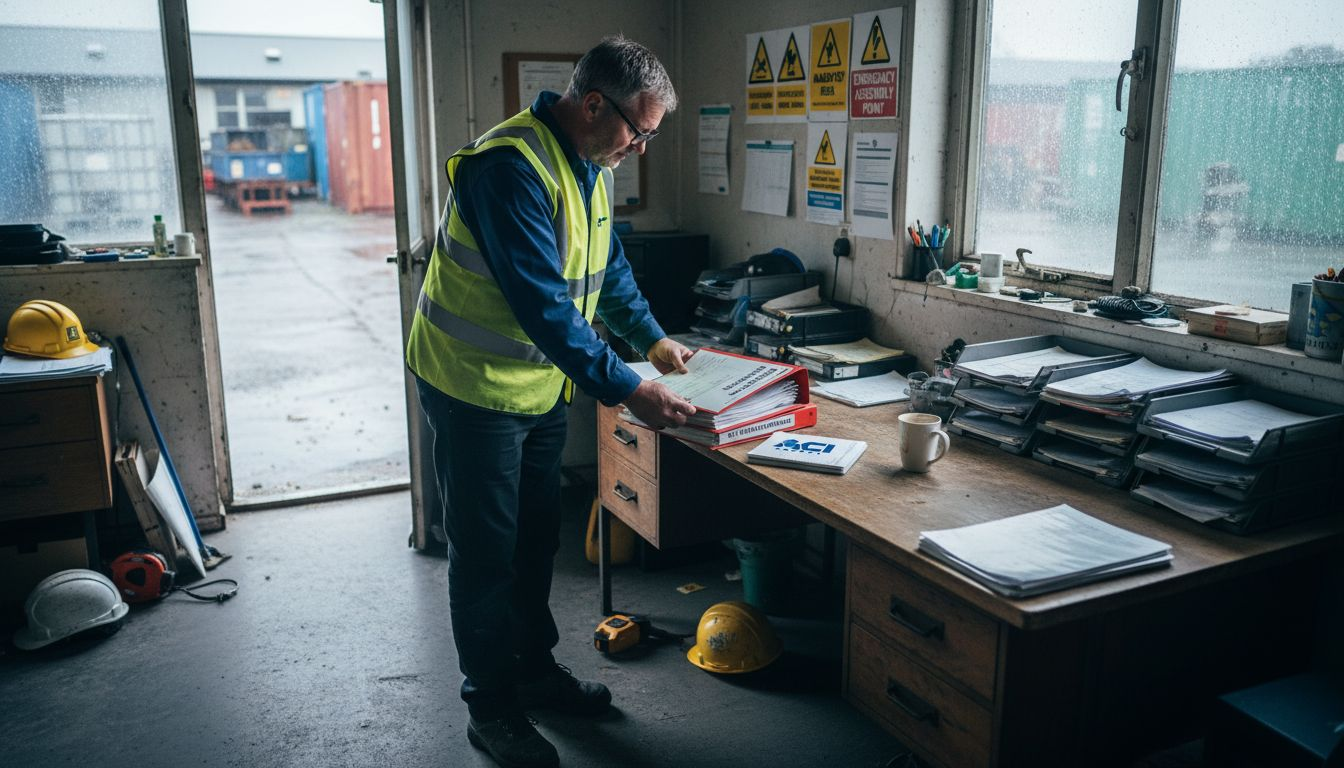 Contractor reviews safety folder in UK site office