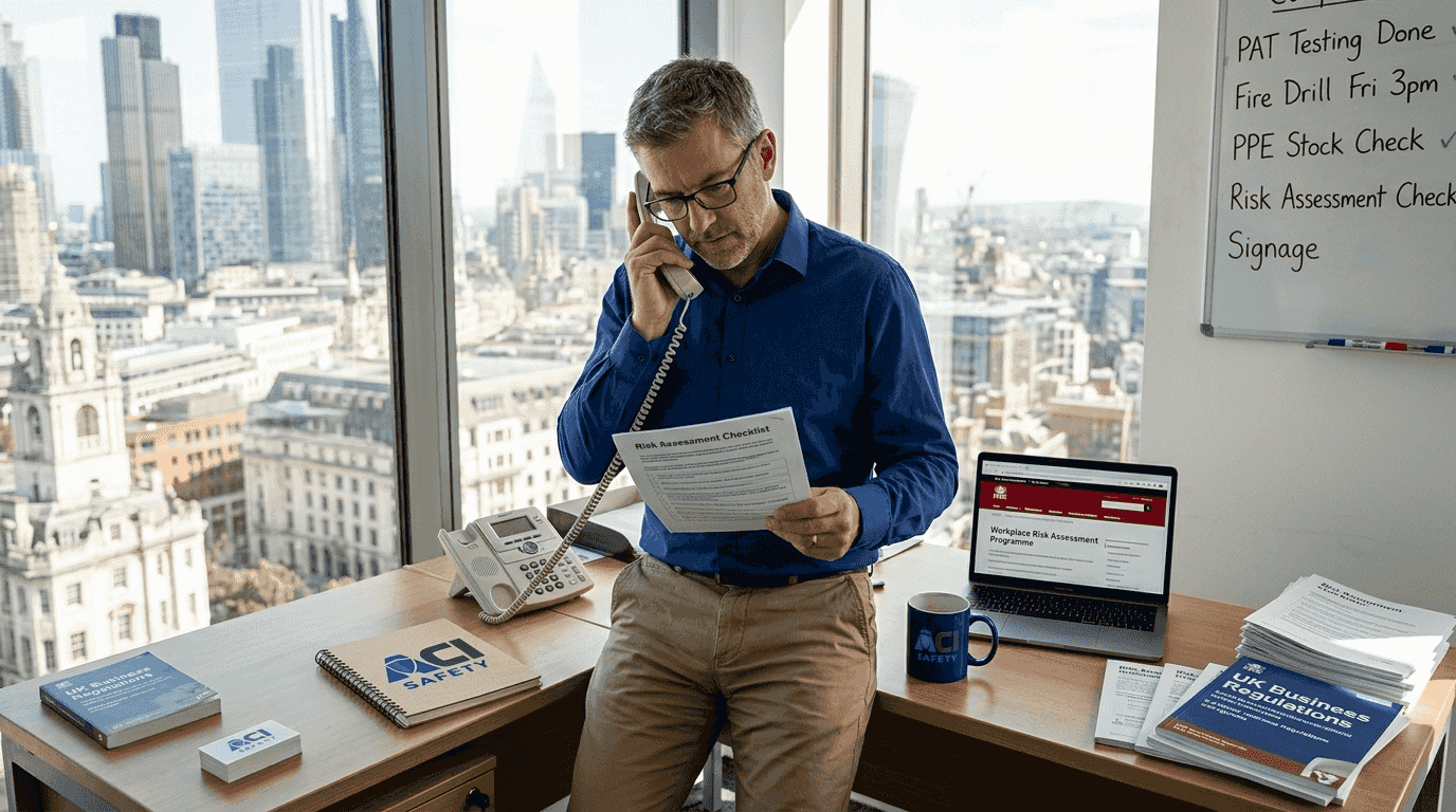 SME owner reviewing safety checklist in city office