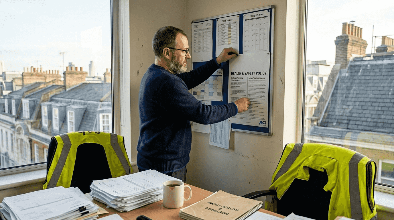 Business owner posts safety policy in corner office