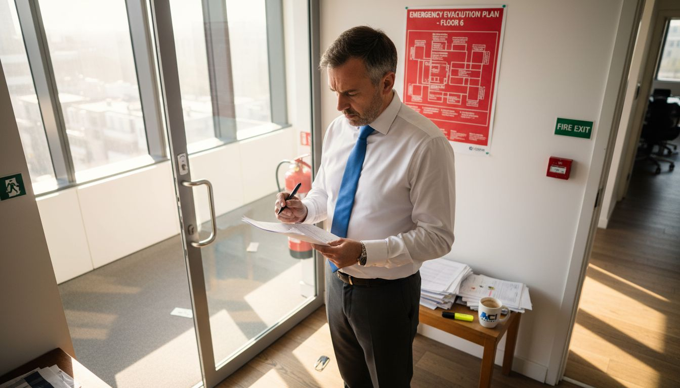 Manager reviewing health and safety checklist in office