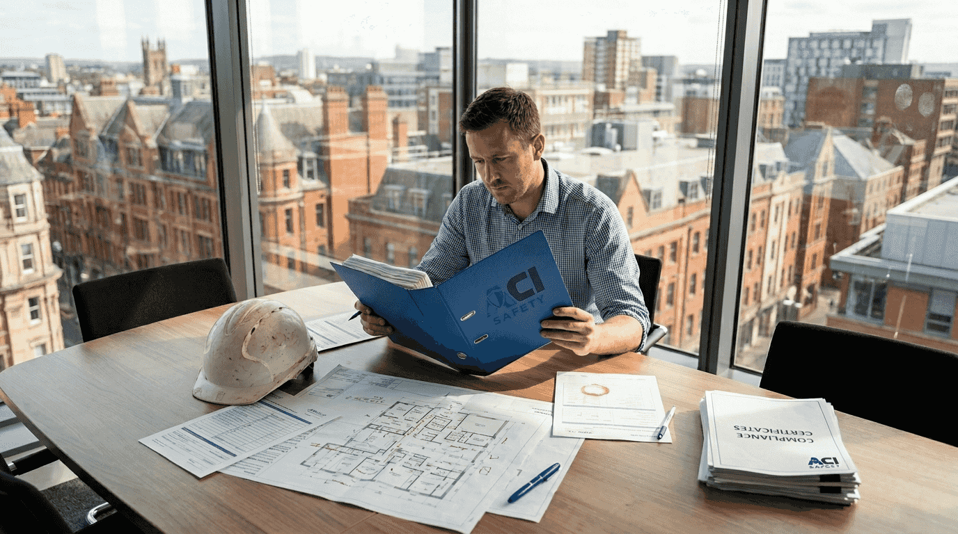 Project manager reviewing health and safety file in office