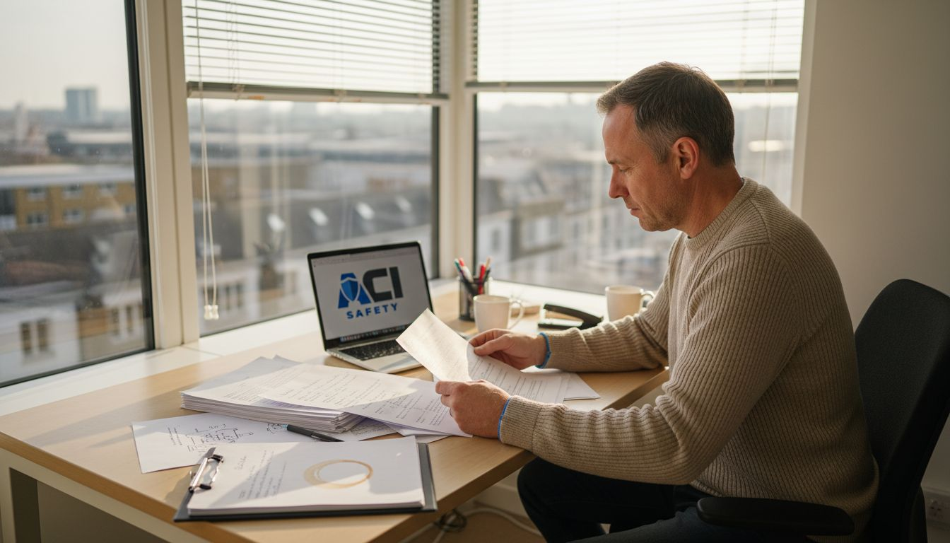 Safety manager reviewing risk forms in UK office