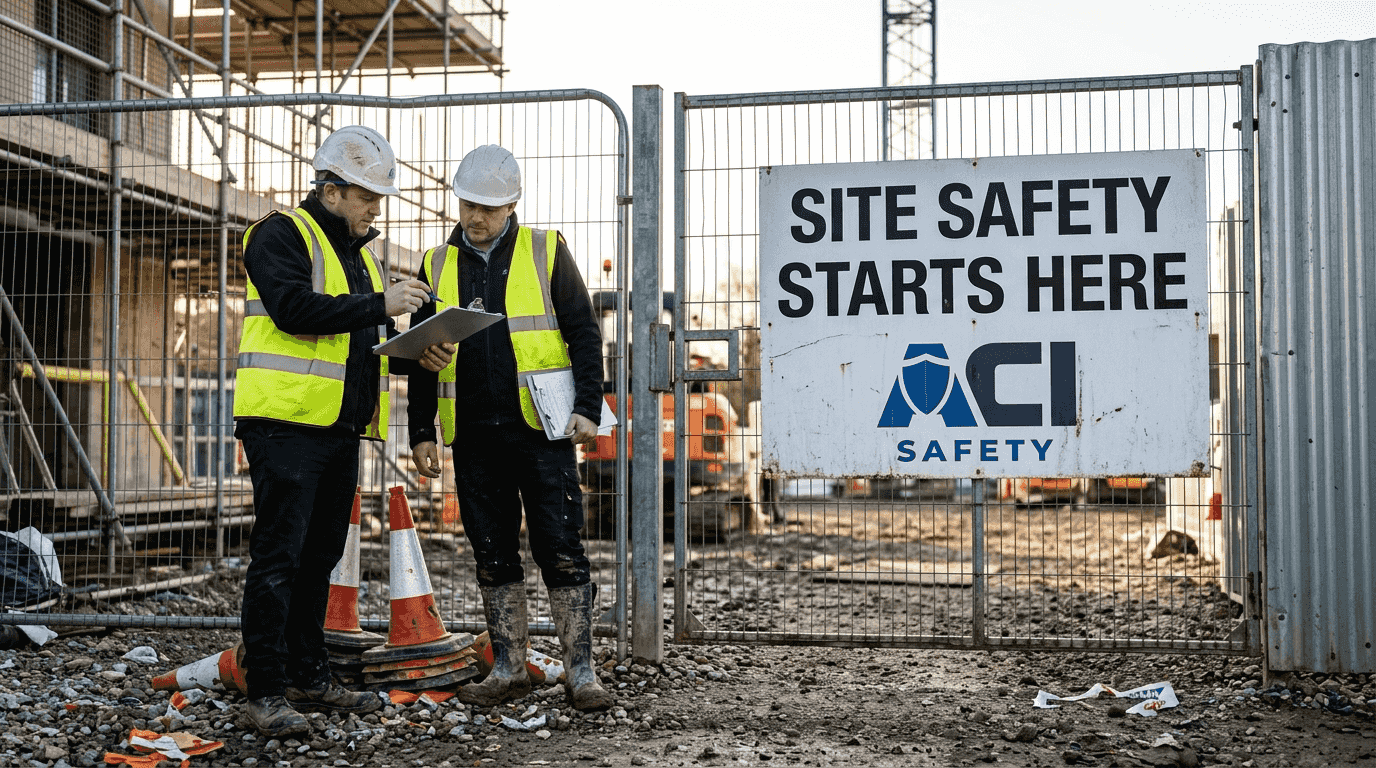 Managers reviewing site safety at construction entrance