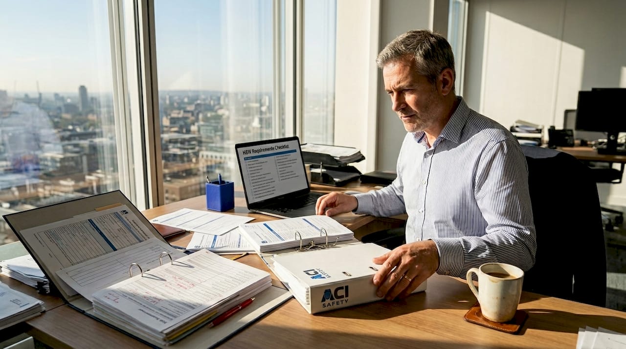 Manager sorting health and safety paperwork