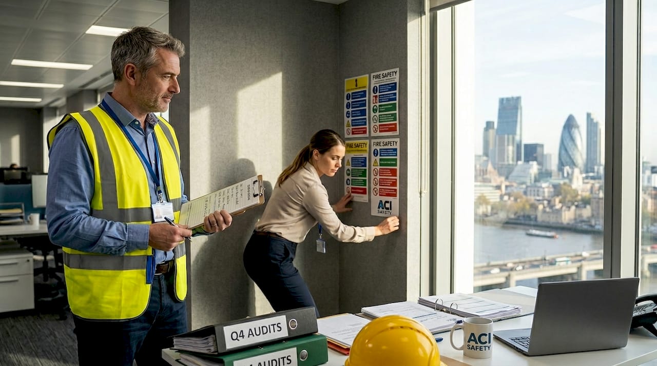 Safety inspector monitoring UK office procedures