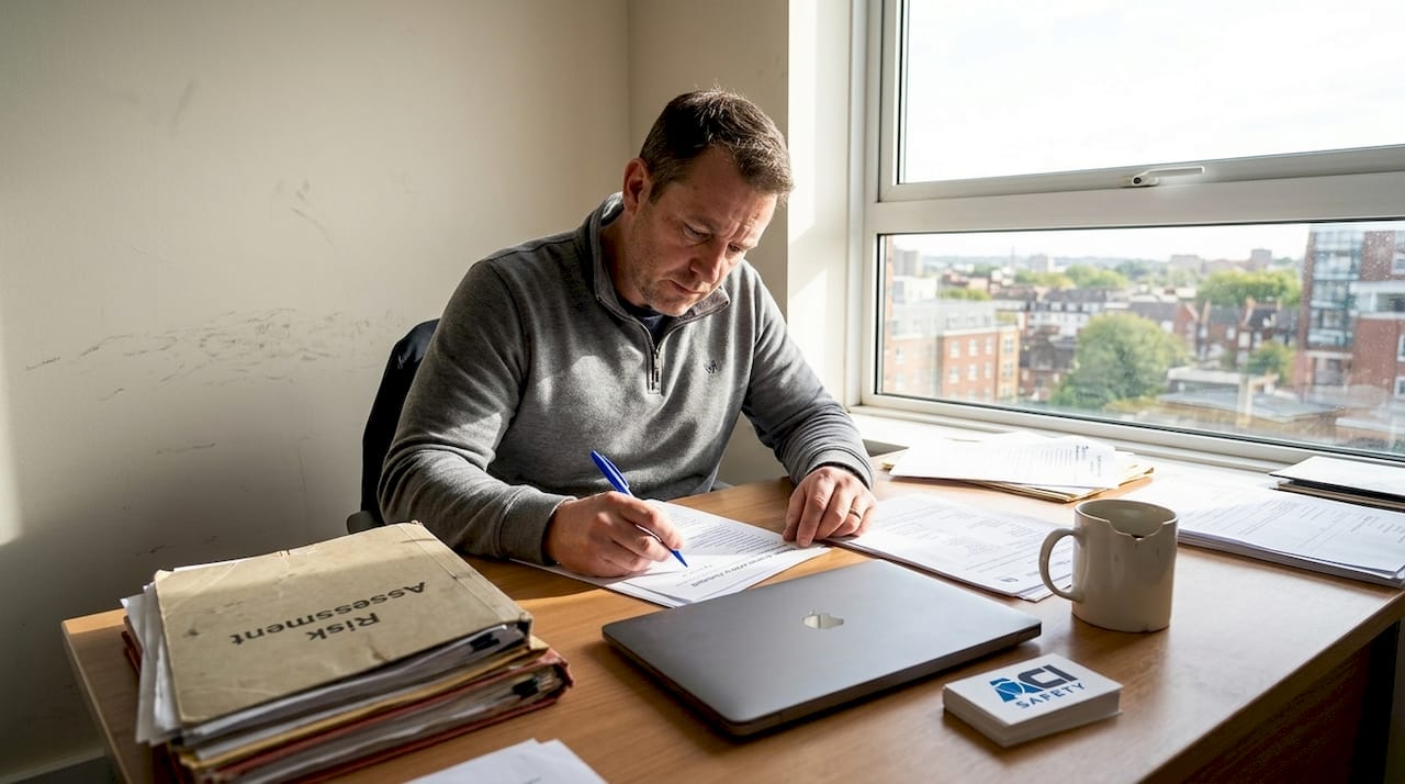 Business owner reviewing health safety checklist