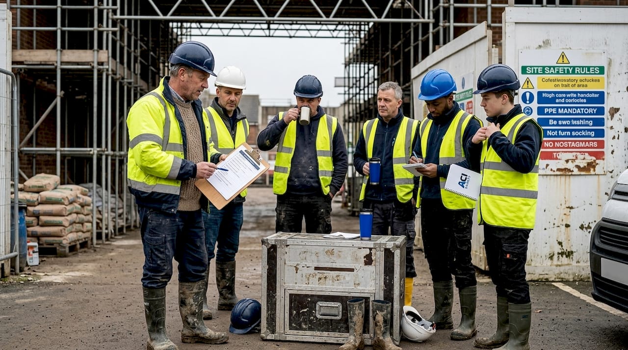 Supervisor leading morning toolbox talk outdoors