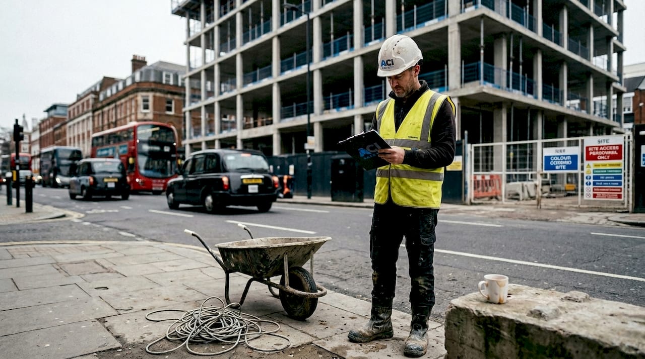 Supervisor checks safety checklist on construction site