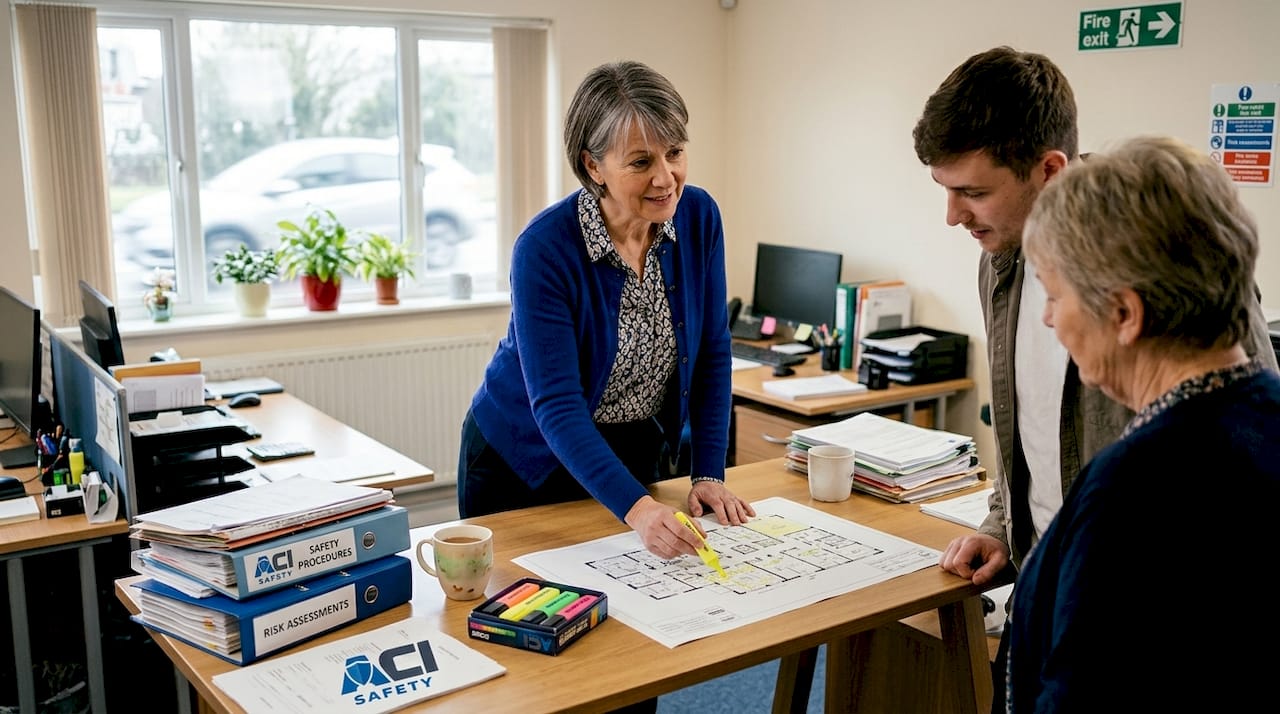 Manager discussing workplace safety at table