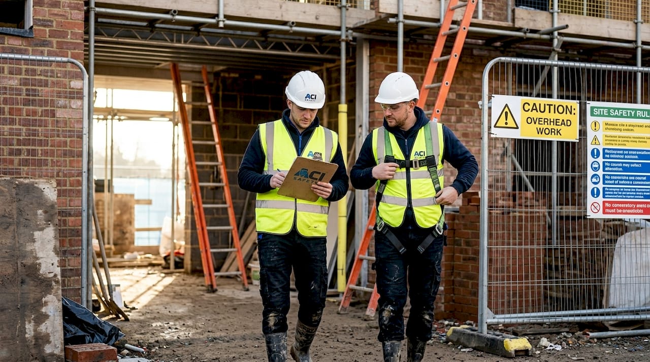 Construction workers inspecting site for safety hazards