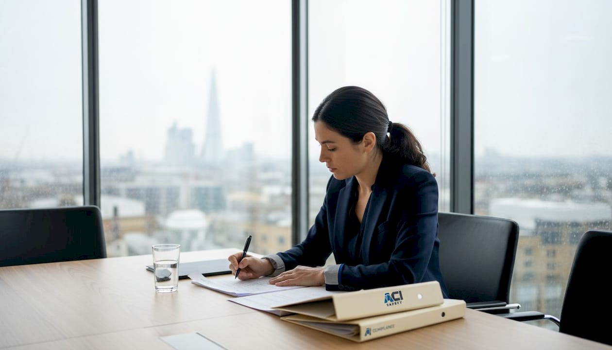 Manager reviewing safety compliance documents in office