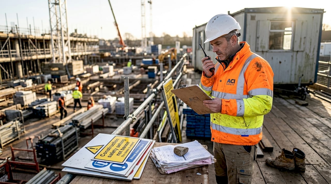 Site manager assessing hazards on construction site