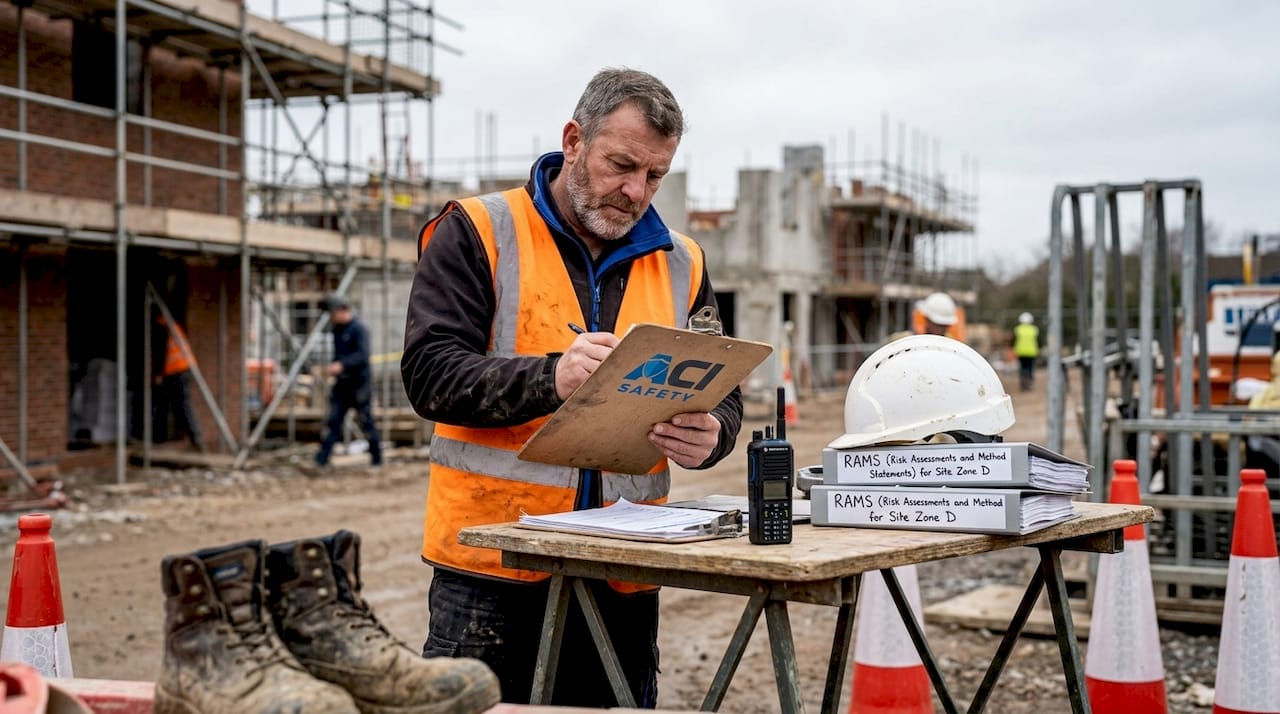 Supervisor reviewing safety paperwork on UK construction site