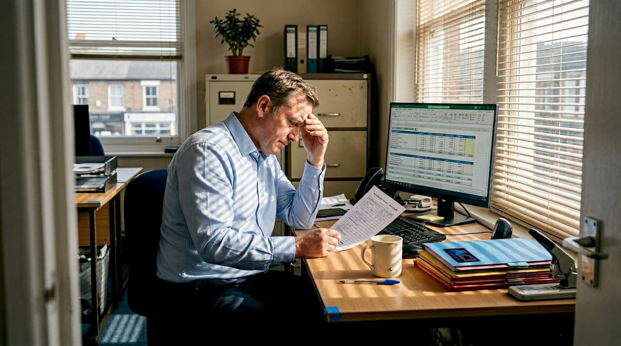 UK SME manager reviewing risk evaluation checklist