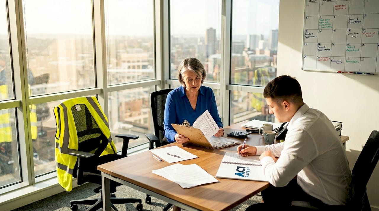 SME owner and staff discuss safety checklist