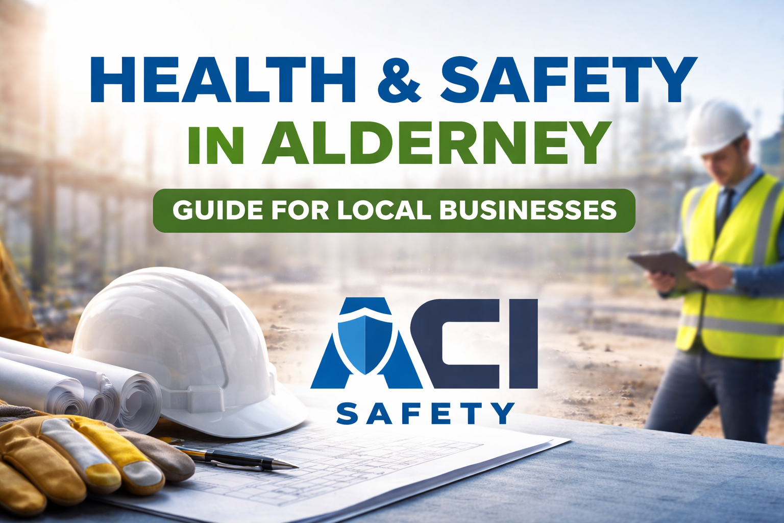 Health and safety consultant inspecting construction site in Alderney with ACI Safety logo and workplace safety equipment