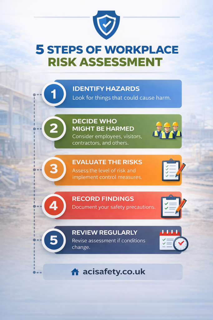 Infographic showing the five steps of workplace risk assessment for businesses in Alderney including identifying hazards evaluating risks and reviewing safety measures