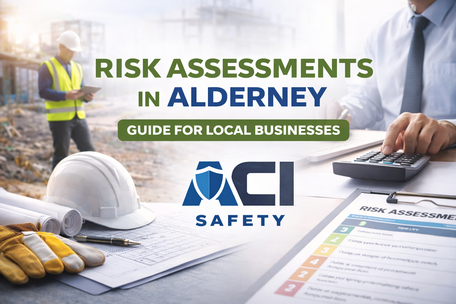 Risk assessments in Alderney for local businesses showing construction safety inspection and workplace risk assessment documents with ACI Safety logo