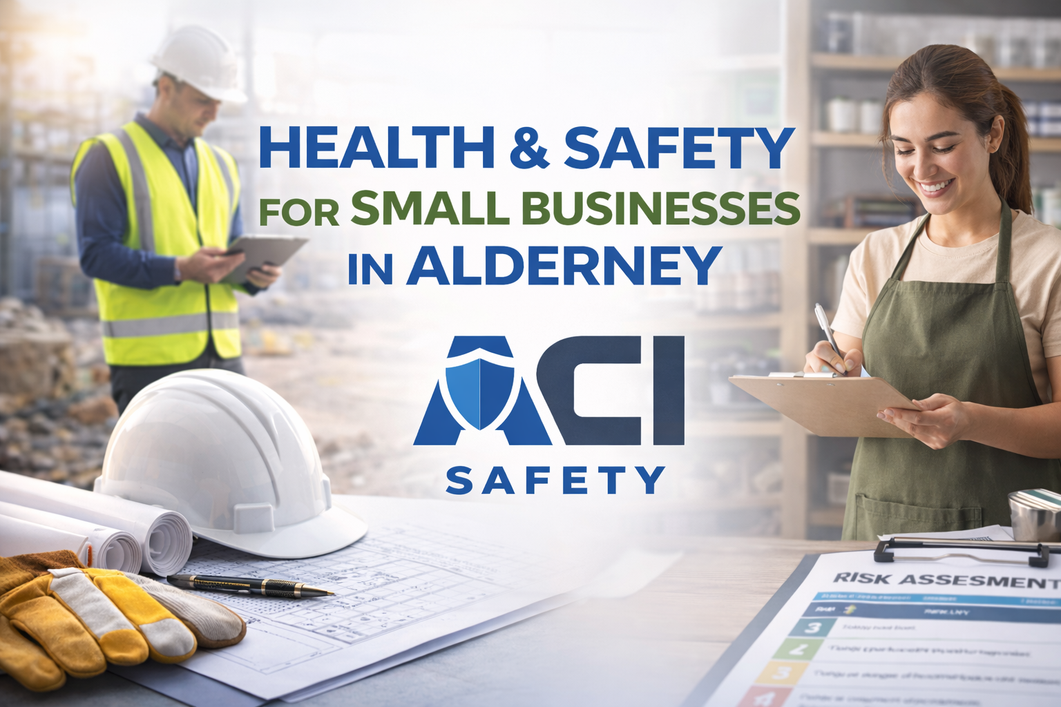 Health and safety for small businesses in Alderney showing construction safety inspection and small business owner completing workplace risk assessment with ACI Safety logo