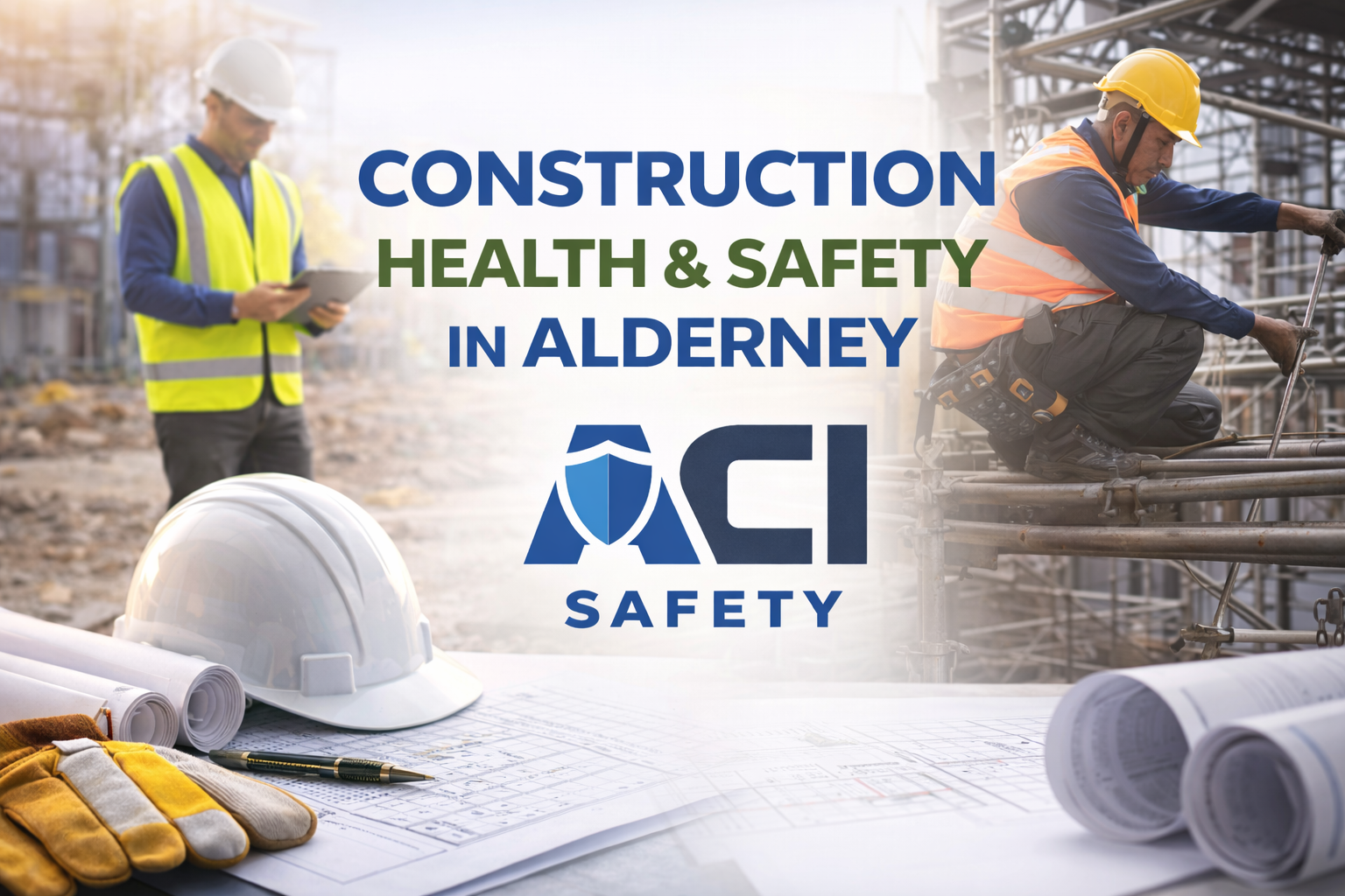Construction health and safety in Alderney showing building site inspection scaffolding work and safety equipment with ACI Safety logo