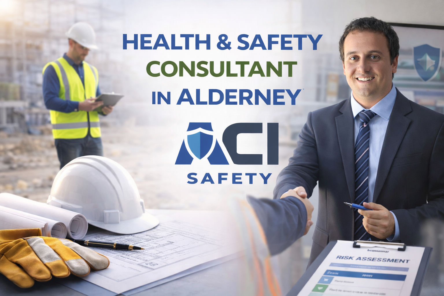 Health and safety consultant in Alderney with ACI Safety showing construction site inspection and professional safety consultancy meeting
