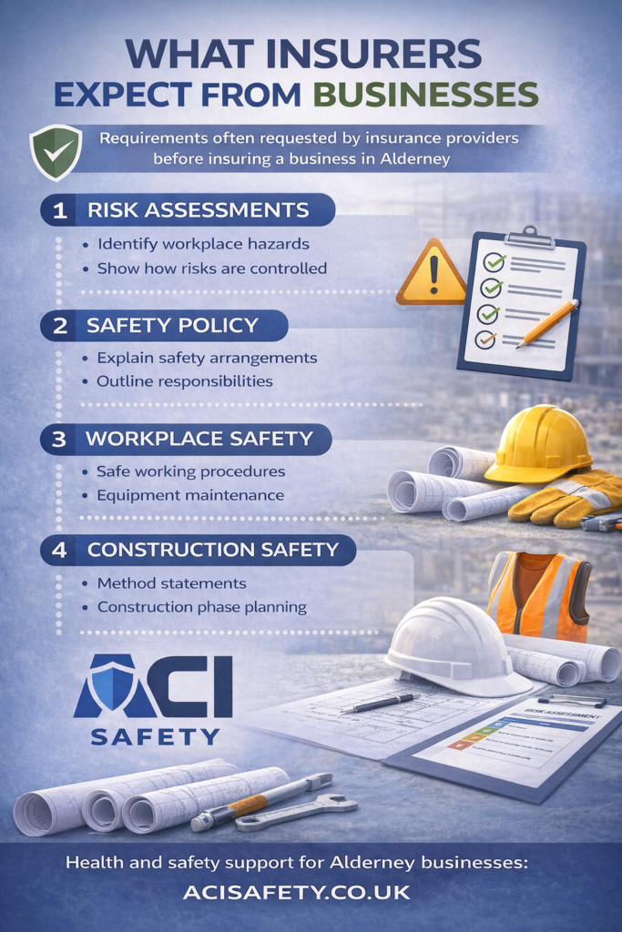 What Insurers Expect From Alderney Businesses on Health and Safety Infographic explaining what insurers expect from businesses in Alderney including risk assessments safety policies workplace safety and construction safety