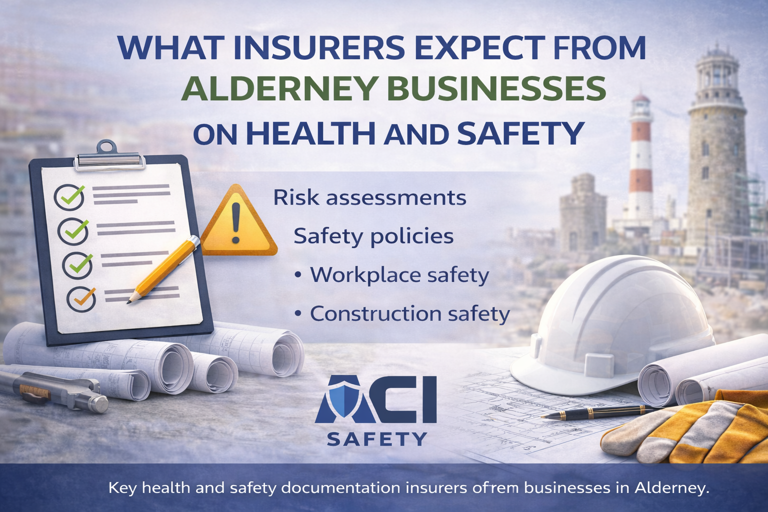 What insurers expect from Alderney businesses on health and safety including risk assessments safety policies workplace safety and construction safety