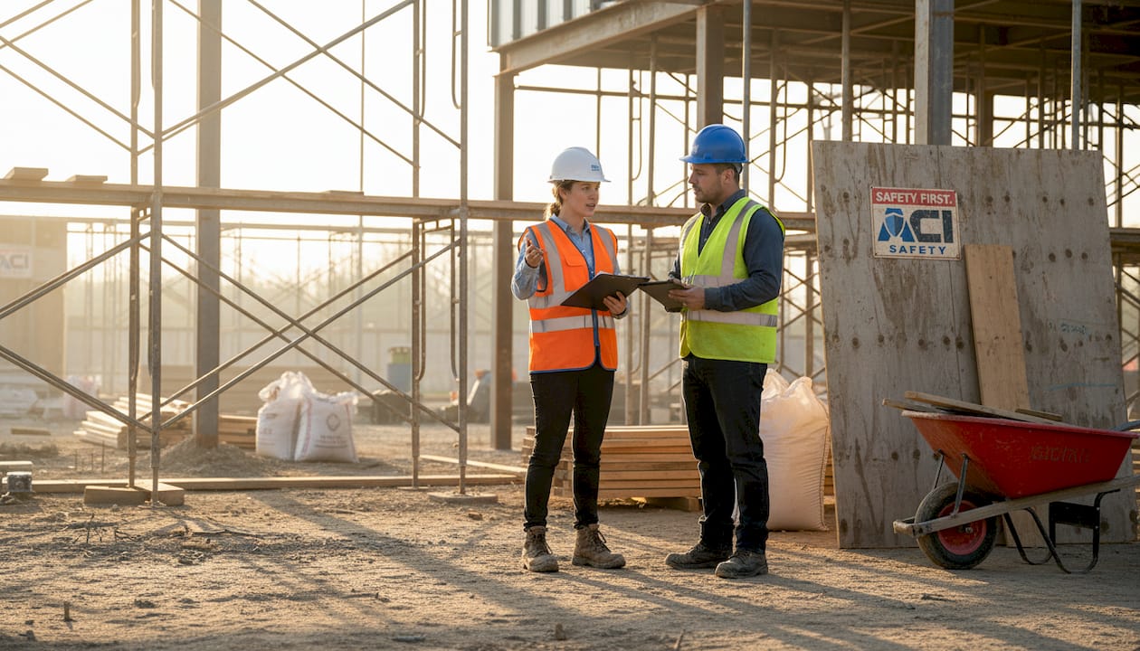 Construction manager reviewing site safety with foreman