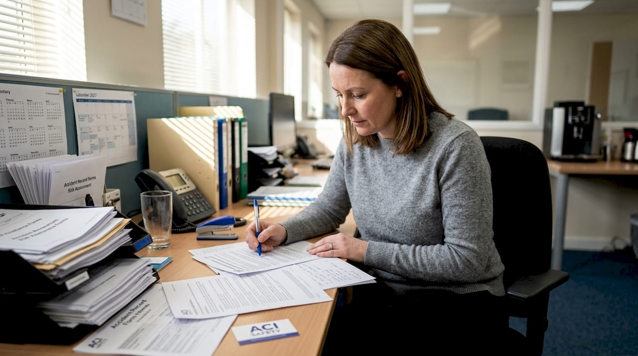 SME manager reviewing health safety documents at desk