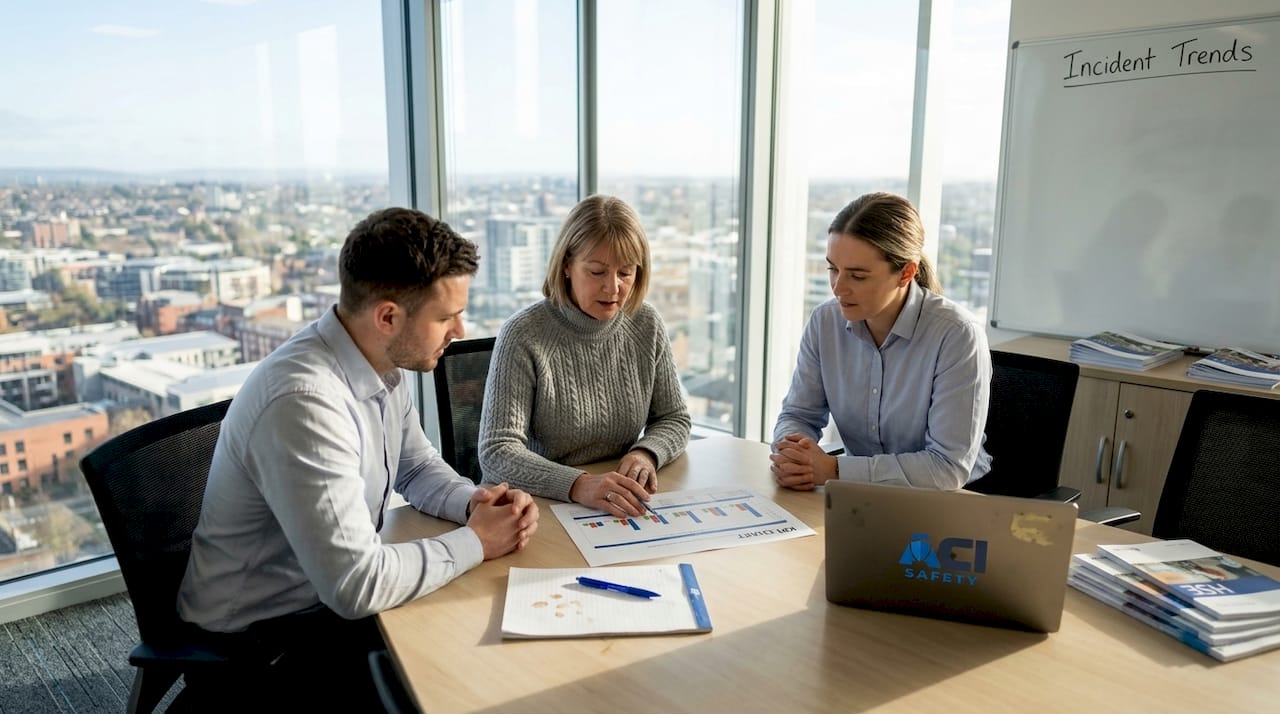 Safety manager reviews KPI chart with team